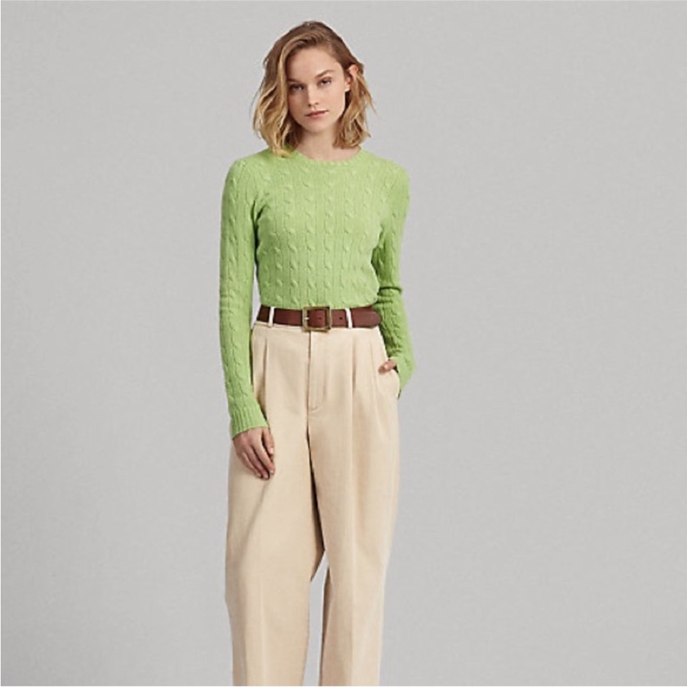 Ralph Lauren Bright Green Cable Knit Cotton Sweater Women’s Size L Spring Preppy